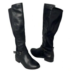 Aldo Equestrian Knee High Boots Black Vegan Leather Buckle Strap Zip Stretch 6